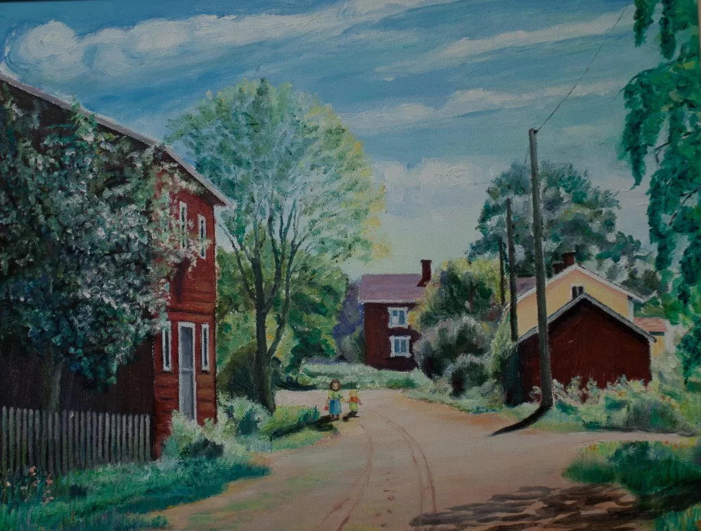 Maalaus: Suominen Viljamakasiin ja kylänraitti 1985